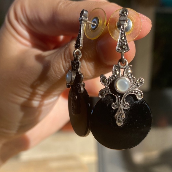 925 Sterling Silver Black Onyx & Moonstone Drop Earrings - Picture 4 of 5